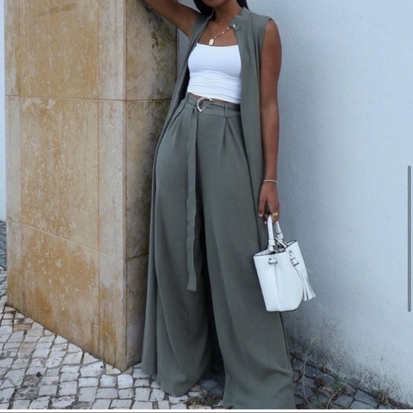 Zara Pants - Zara Green Knit High Waist Belted Wide Leg Ribbed Pants Blogger Fave